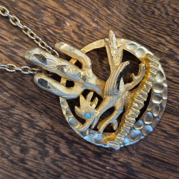 Rare Roadrunner Turquoise Eye Saguaro Cactus Gold Tone Pendant Necklace - Picture 8 of 13